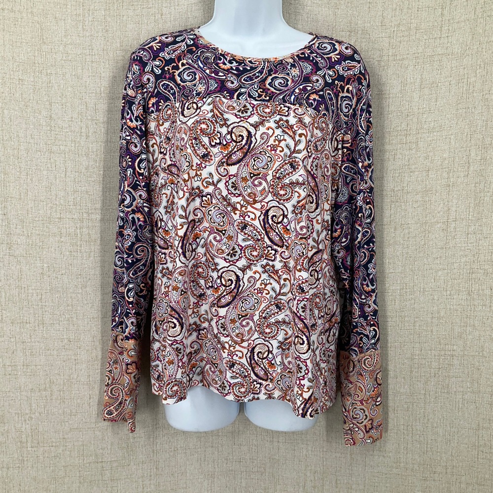 Lands End Top Women L Multicolor Paisley Relaxed Rash Guard Swim Shirt Beach